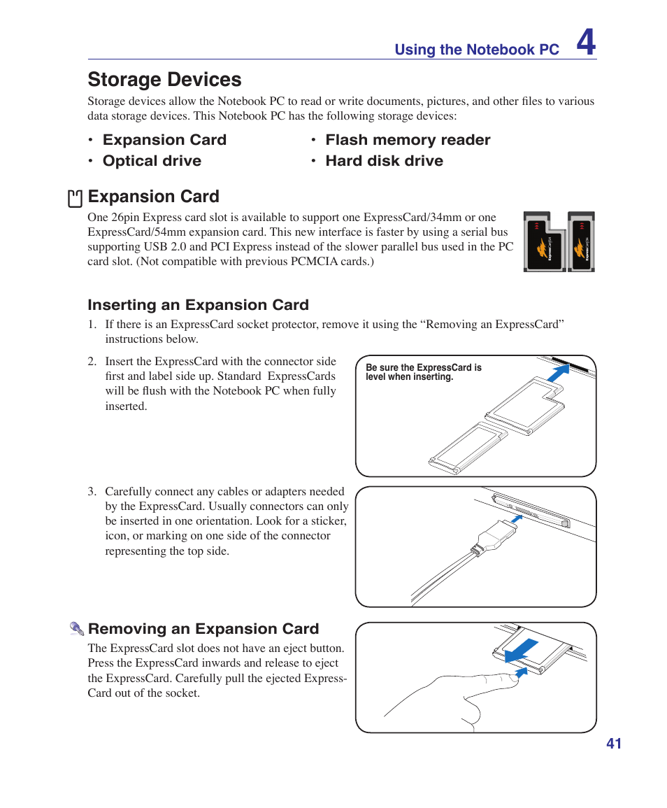 Storage devices, Expansion card | Asus M52V User Manual | Page 41 / 86