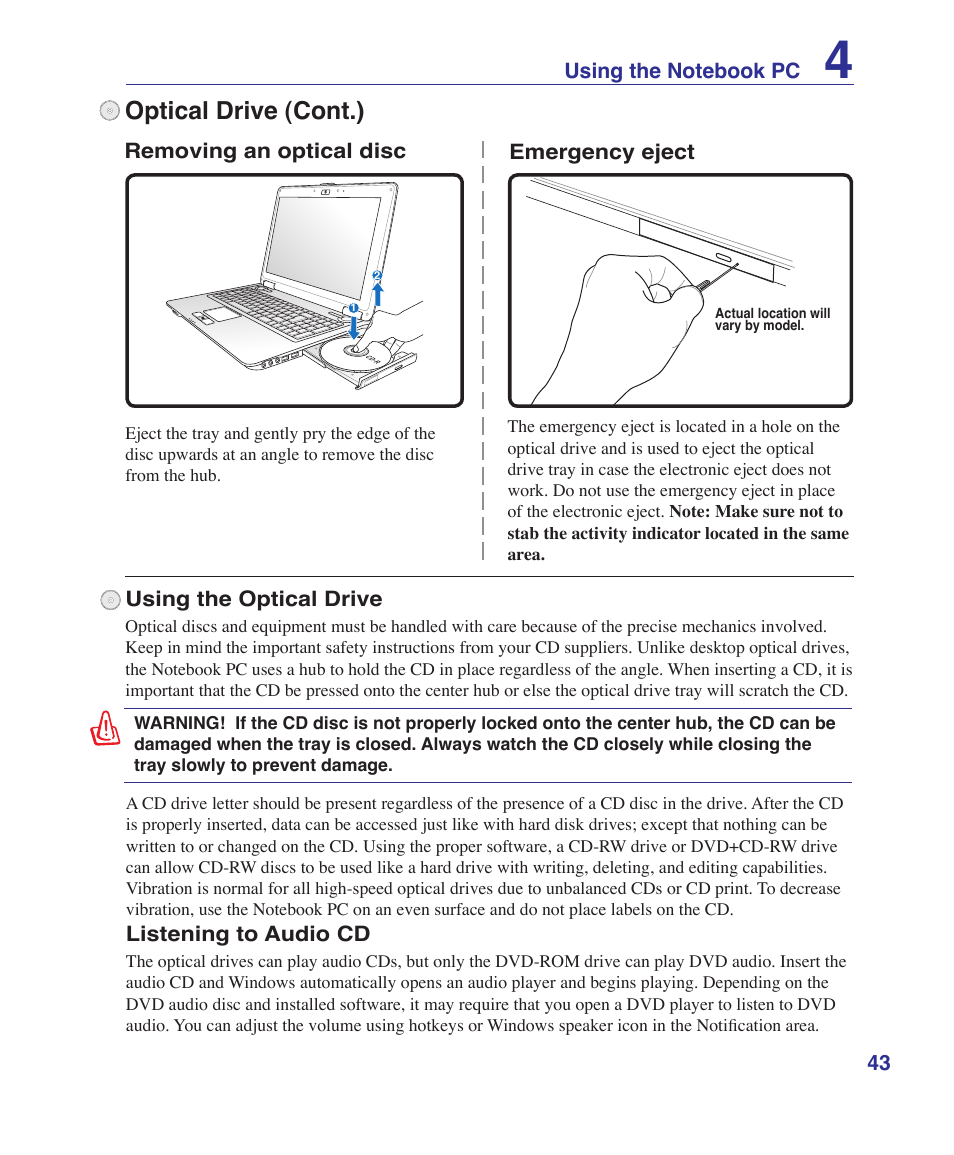 Optical drive (cont.) | Asus M52V User Manual | Page 43 / 86