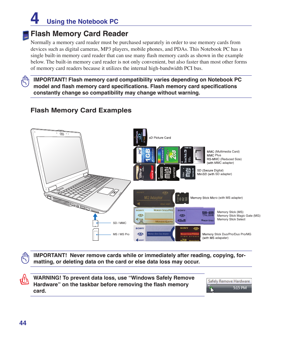 Flash memory card reader | Asus M52V User Manual | Page 44 / 86