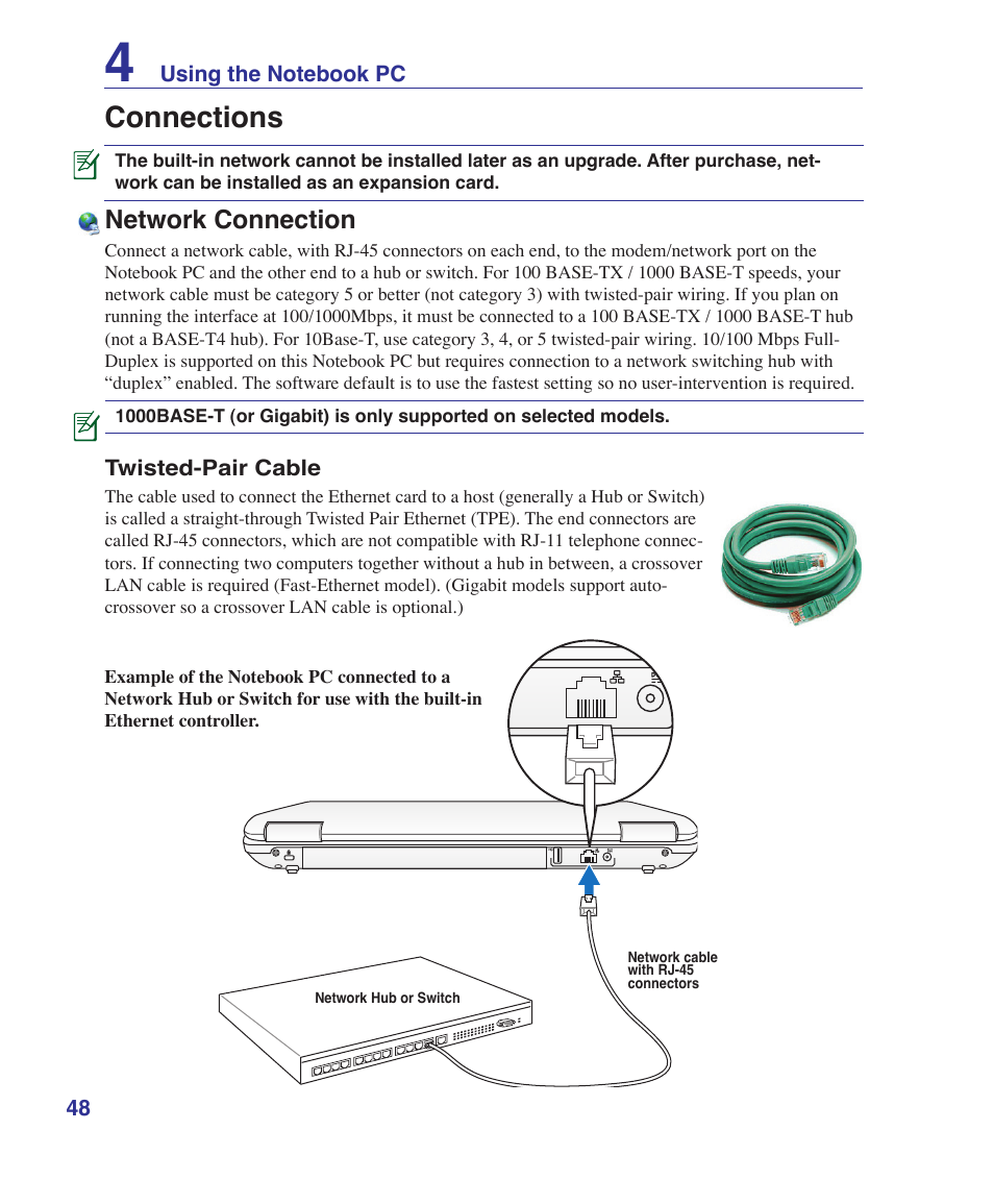 Connections, Network connection | Asus M52V User Manual | Page 48 / 86