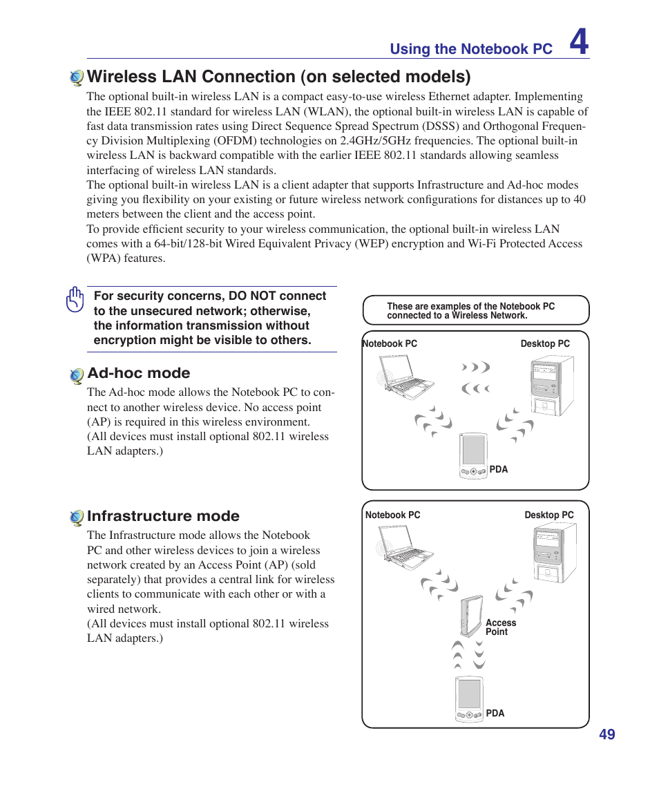 Wireless lan connection (on selected models) | Asus M52V User Manual | Page 49 / 86