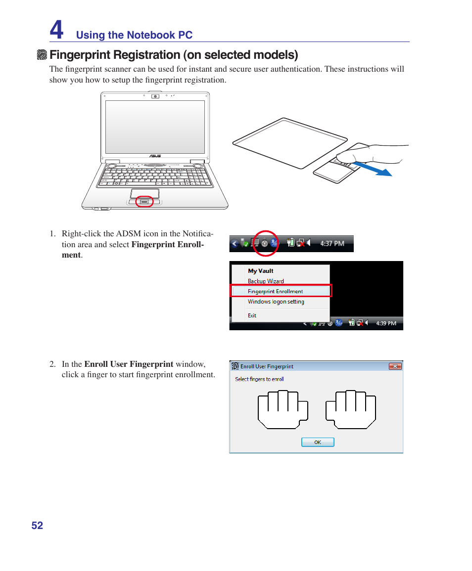 Fingerprint registration (on selected models) | Asus M52V User Manual | Page 52 / 86