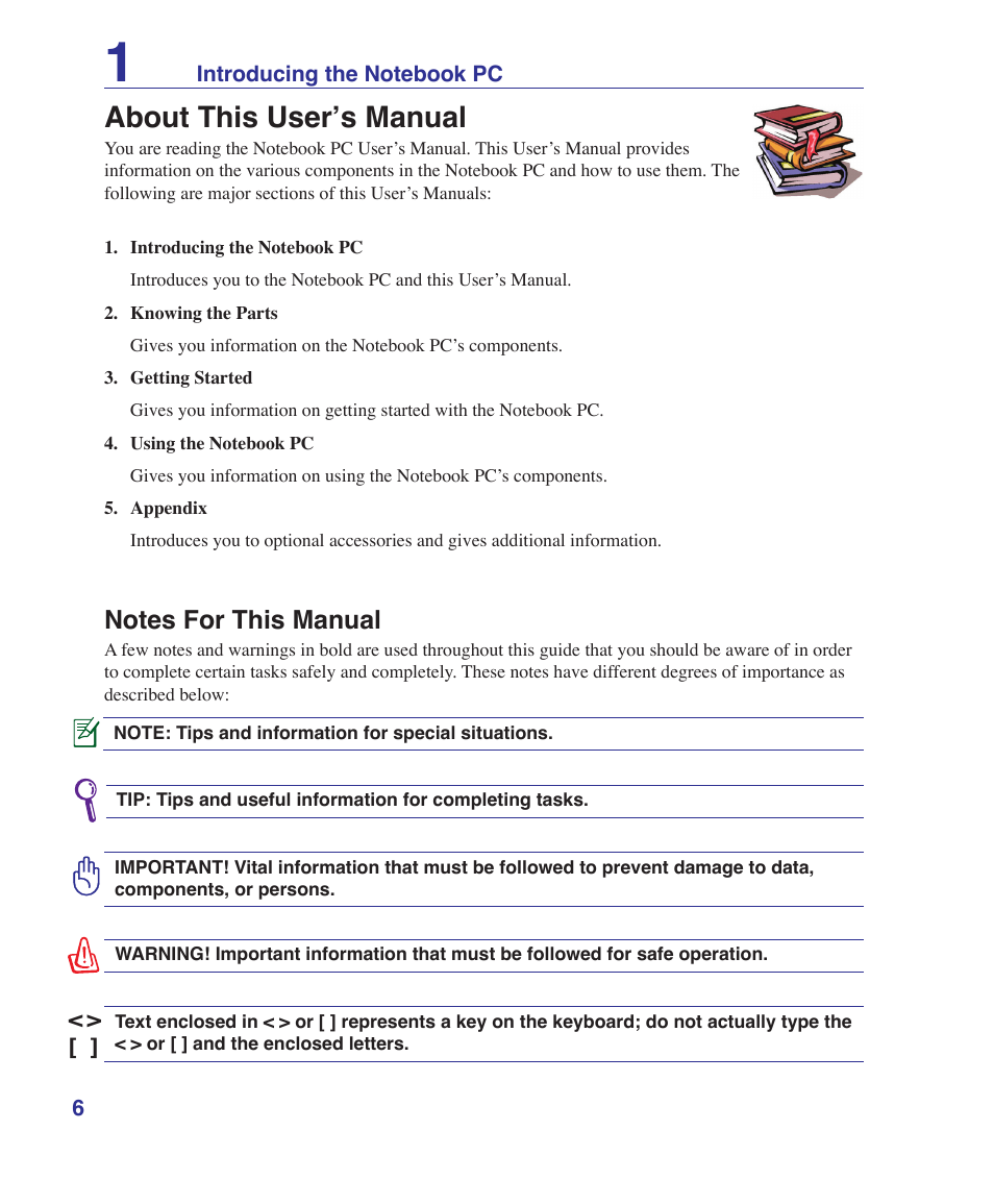 About this user’s manual, Notes for this manual | Asus M52V User Manual | Page 6 / 86