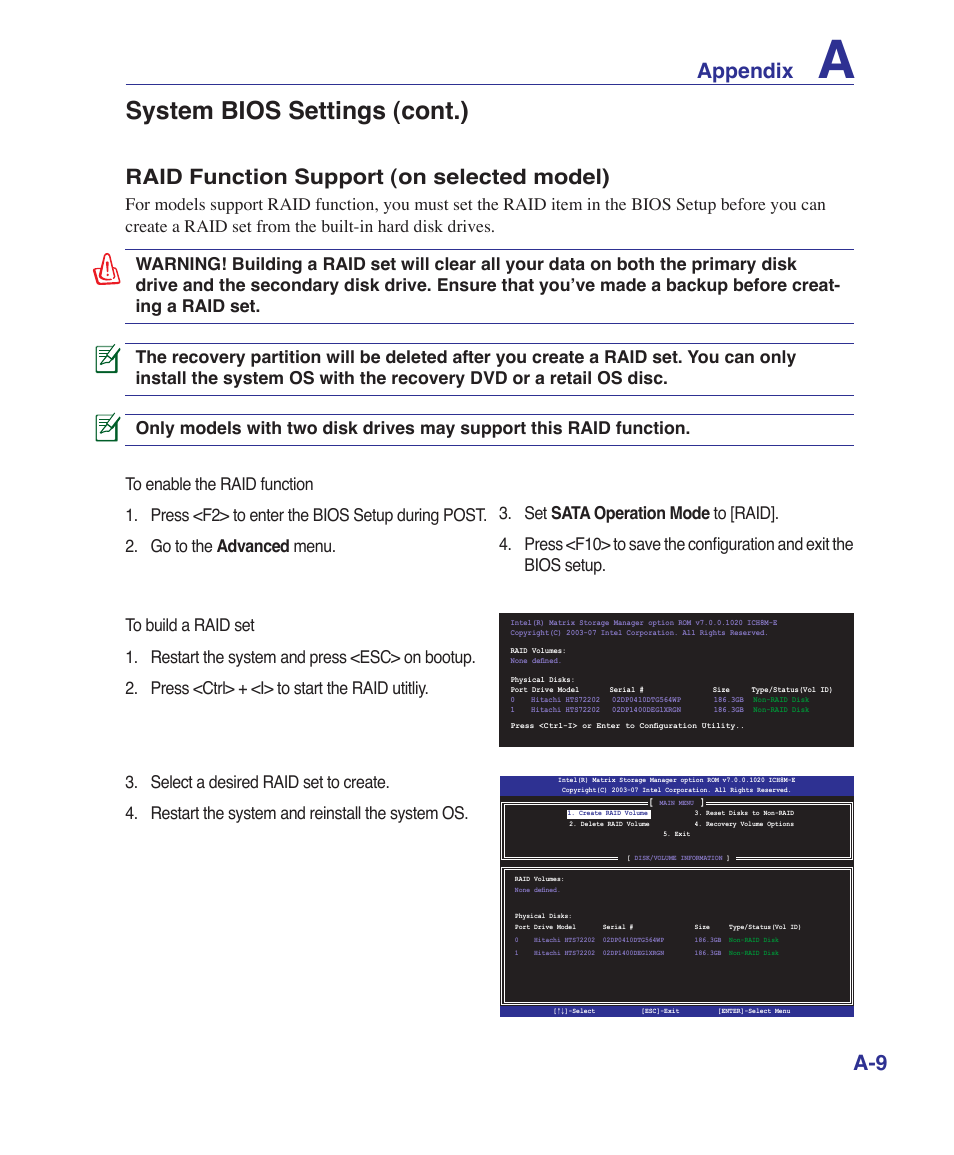 System bios settings (cont.), Appendix, Raid function support (on selected model) | Asus M52V User Manual | Page 63 / 86