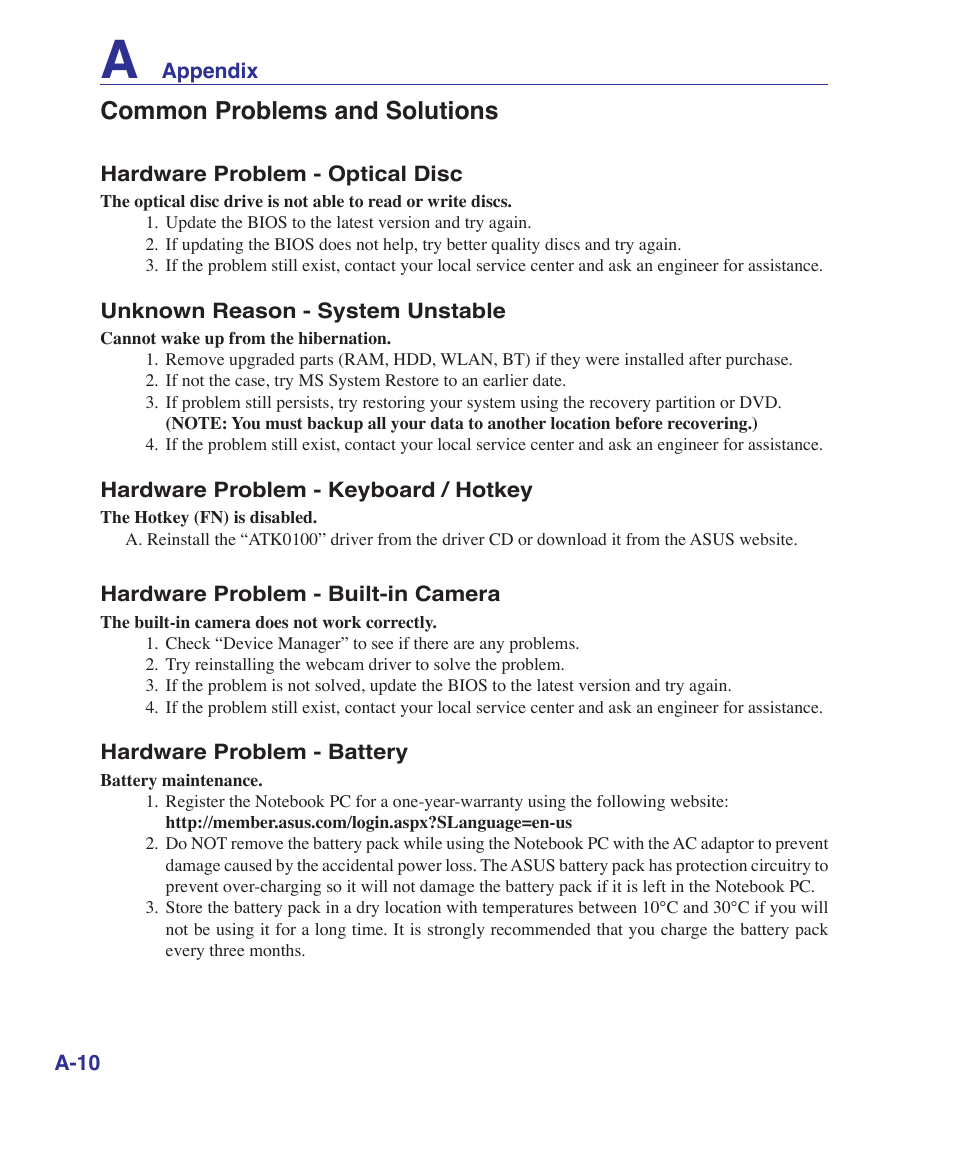 Common problems and solutions | Asus M52V User Manual | Page 64 / 86