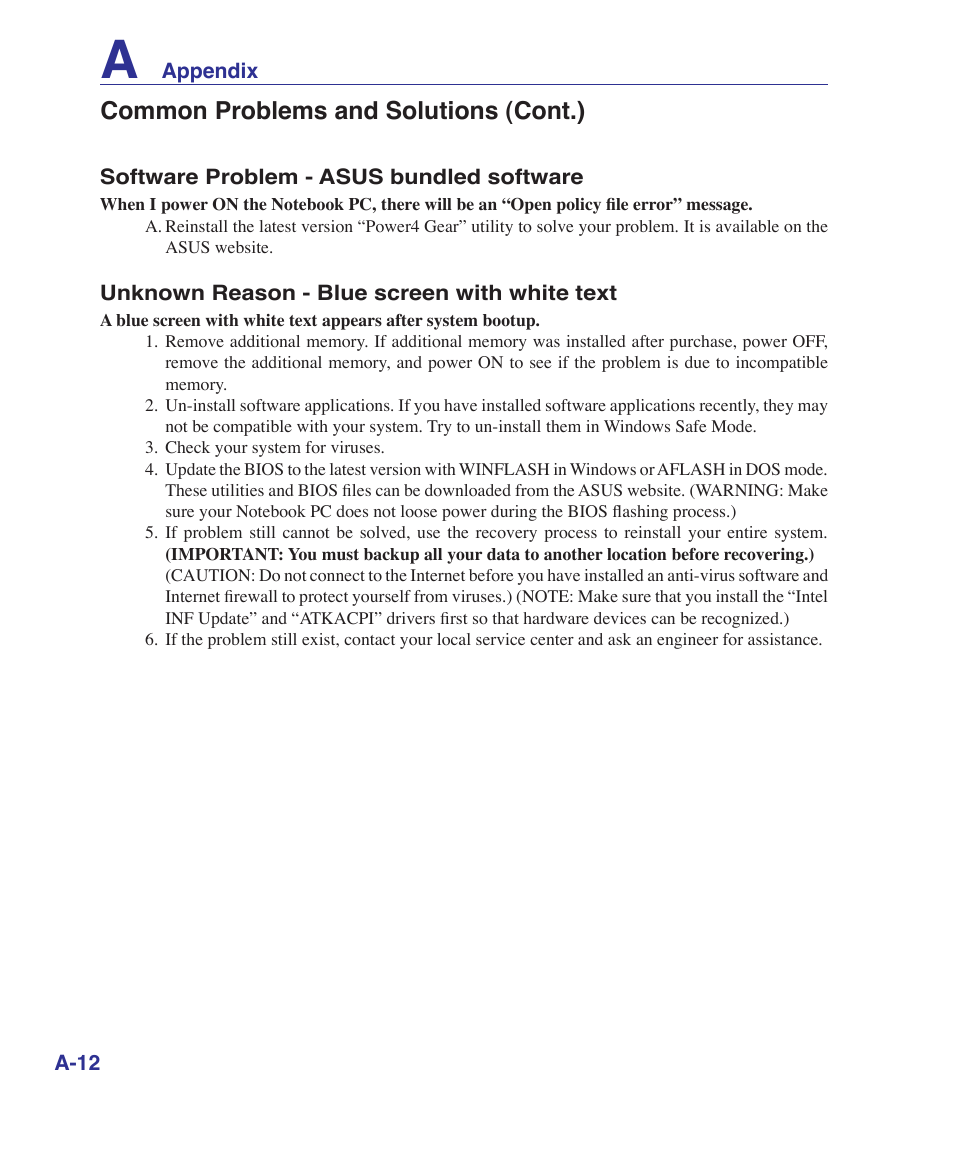 Common problems and solutions (cont.) | Asus M52V User Manual | Page 66 / 86