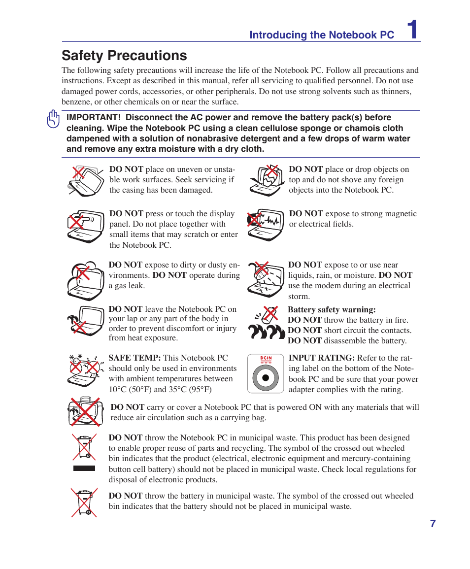 Safety precautions | Asus M52V User Manual | Page 7 / 86