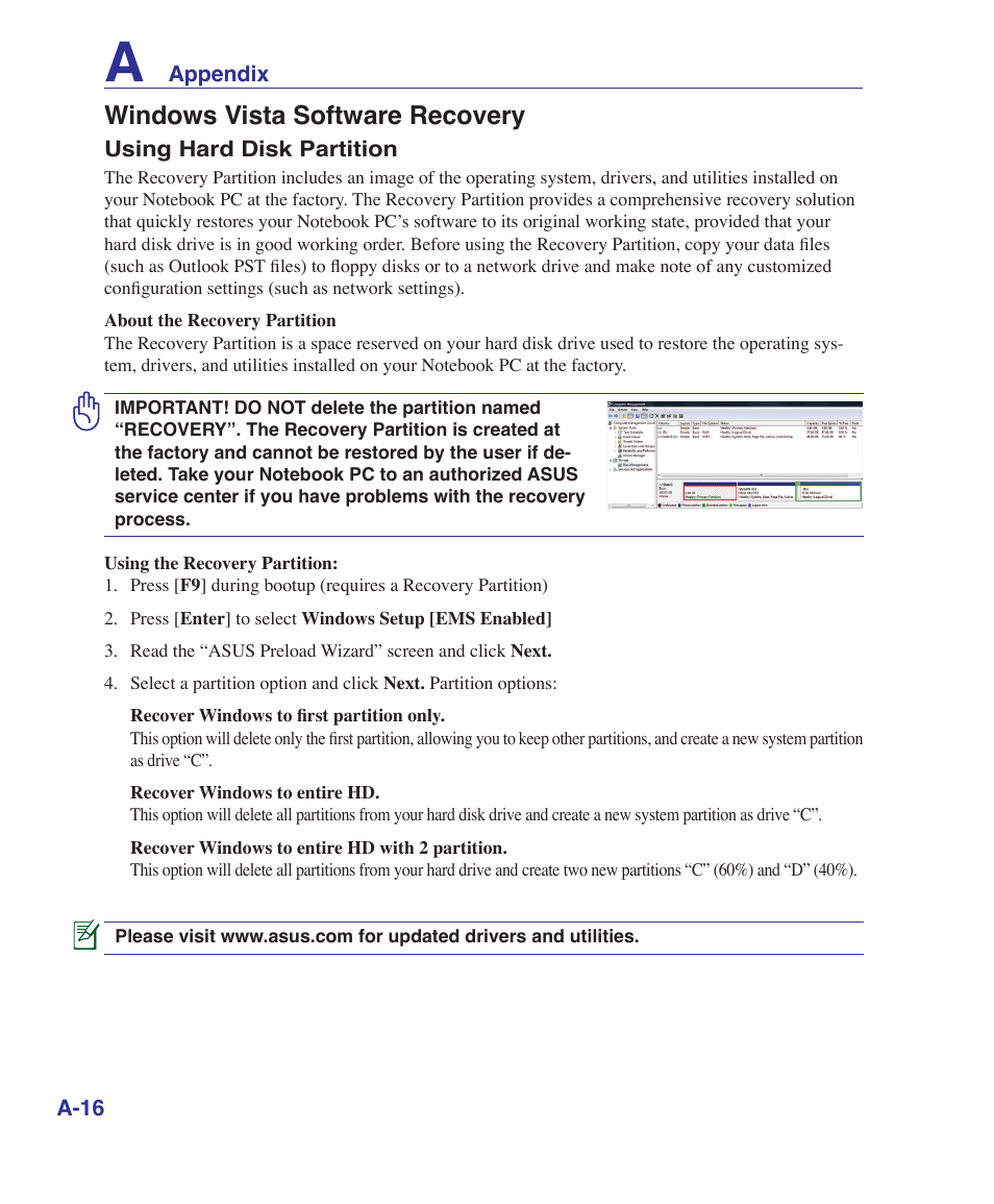 Windows vista software recovery | Asus M52V User Manual | Page 70 / 86