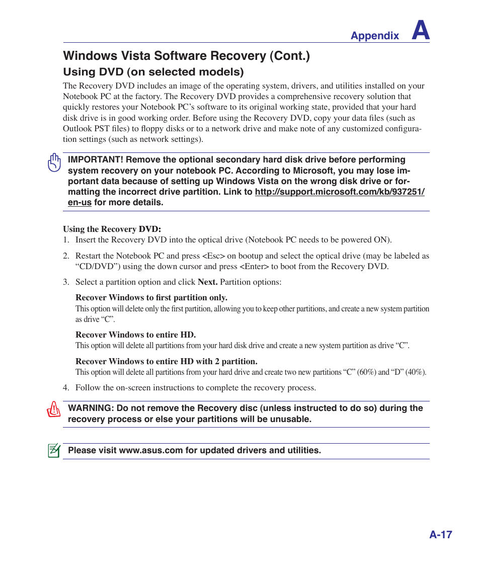 Windows vista software recovery (cont.) | Asus M52V User Manual | Page 71 / 86