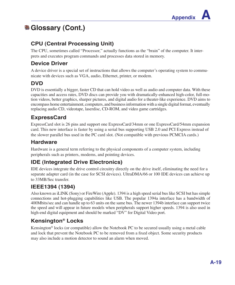 Glossary (cont.) | Asus M52V User Manual | Page 73 / 86