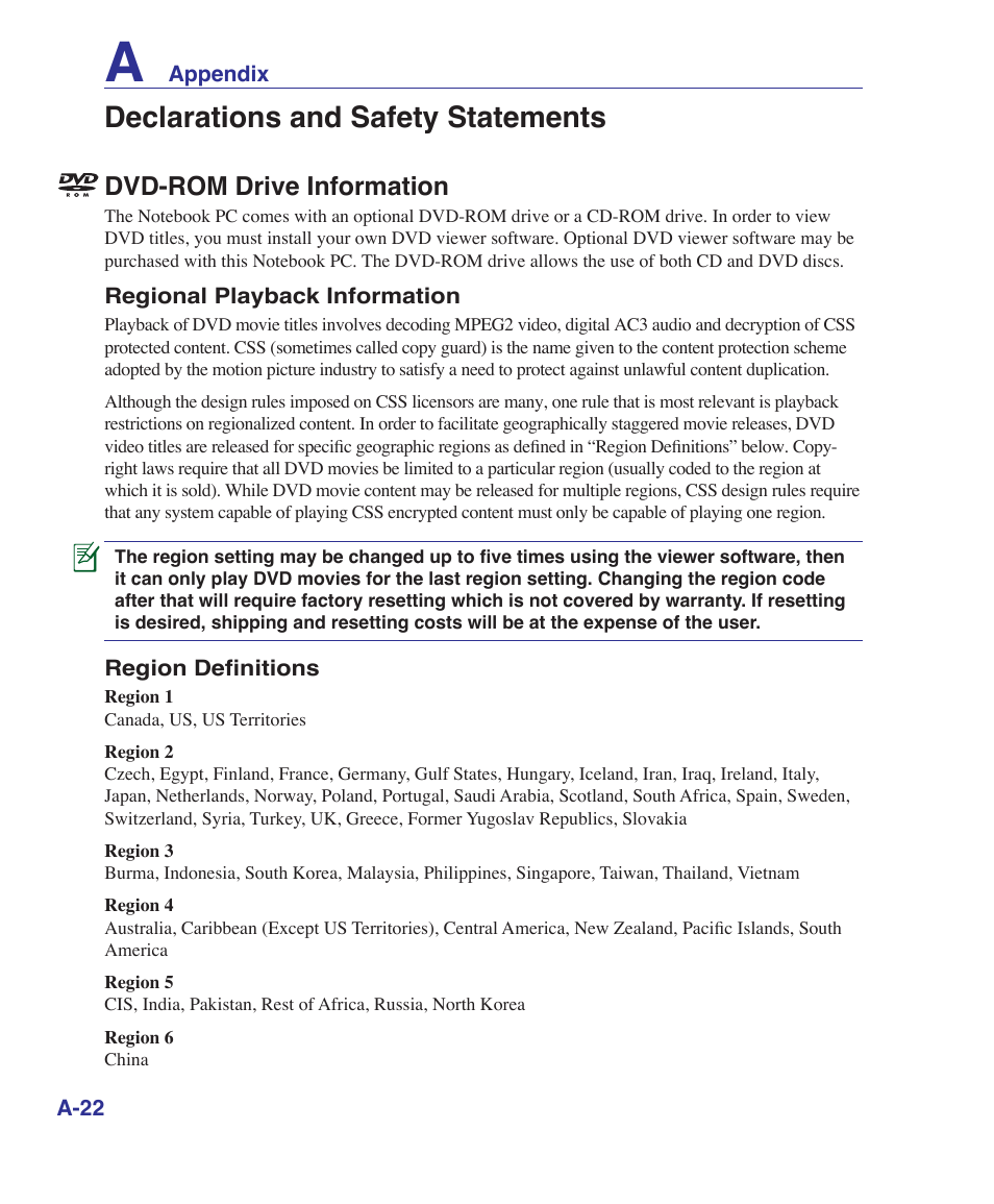 Declarations and safety statements, Dvd-rom drive information | Asus M52V User Manual | Page 76 / 86