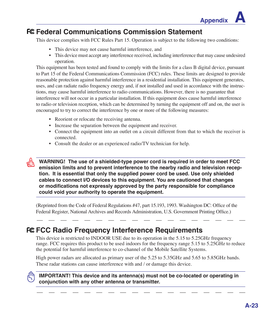 Federal communications commission statement, Fcc radio frequency interference requirements | Asus M52V User Manual | Page 77 / 86