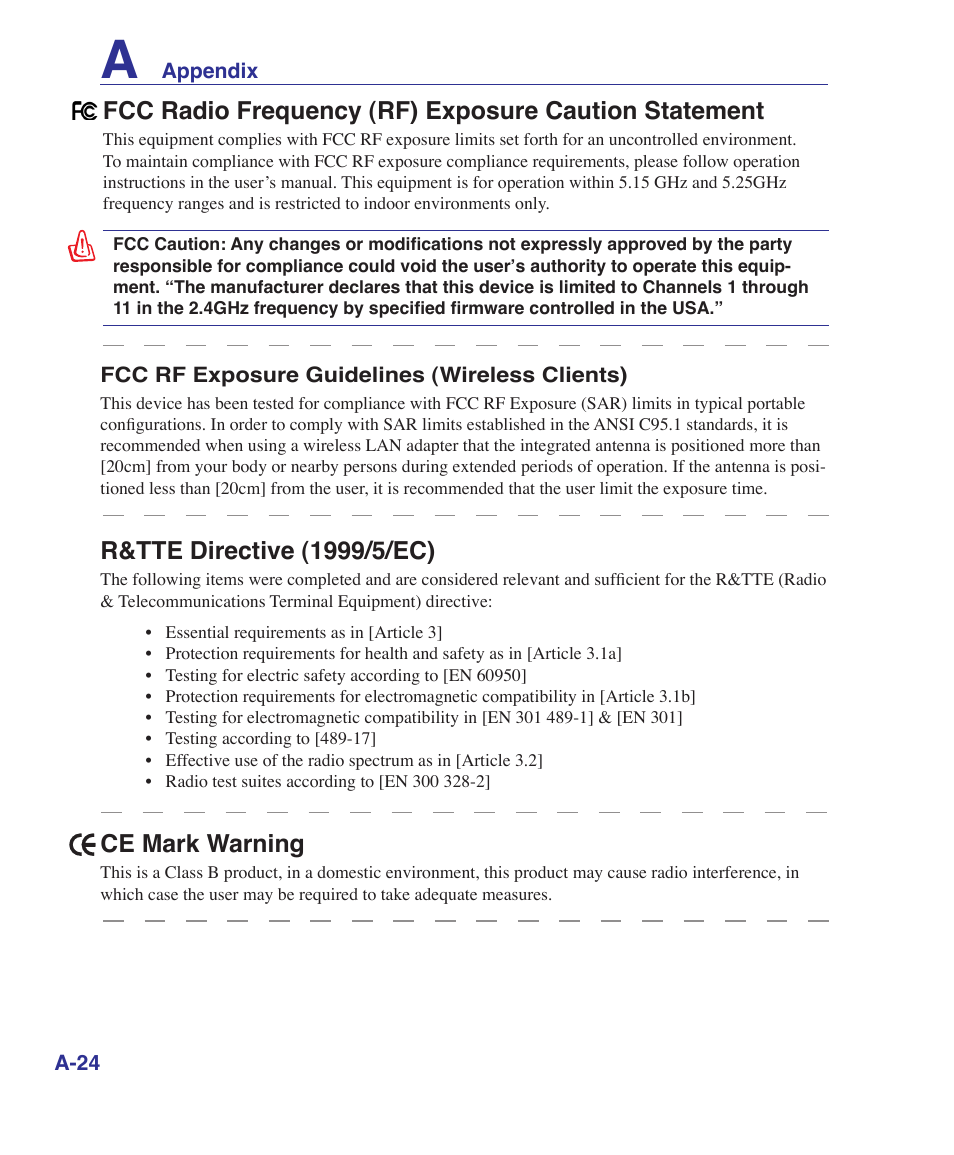 R&tte directive (1999//ec), Ce mark warning | Asus M52V User Manual | Page 78 / 86