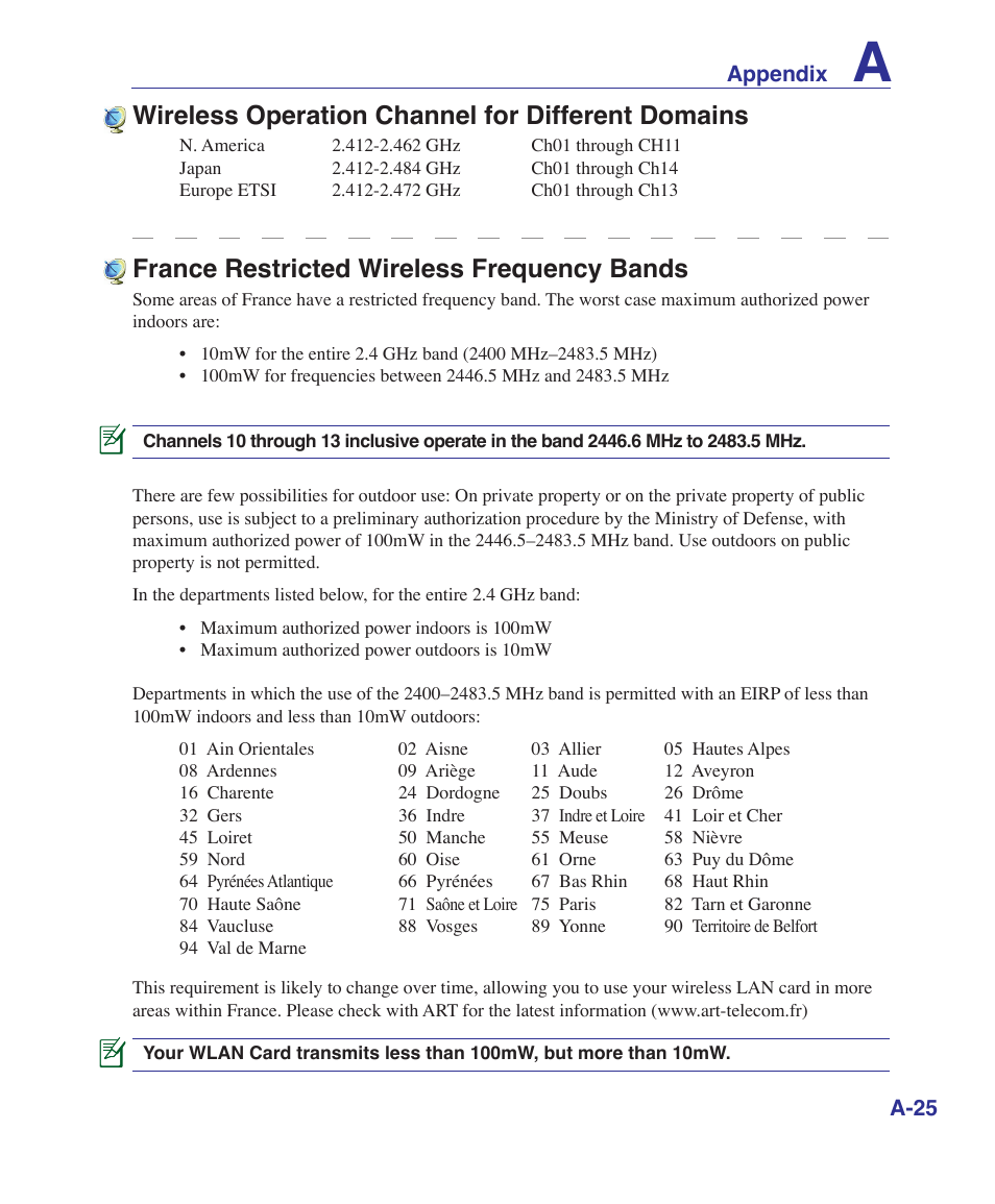 France restricted wireless frequency bands, Wireless operation channel for different domains | Asus M52V User Manual | Page 79 / 86