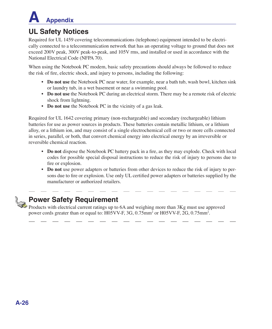 Ul safety notices, Power safety requirement | Asus M52V User Manual | Page 80 / 86