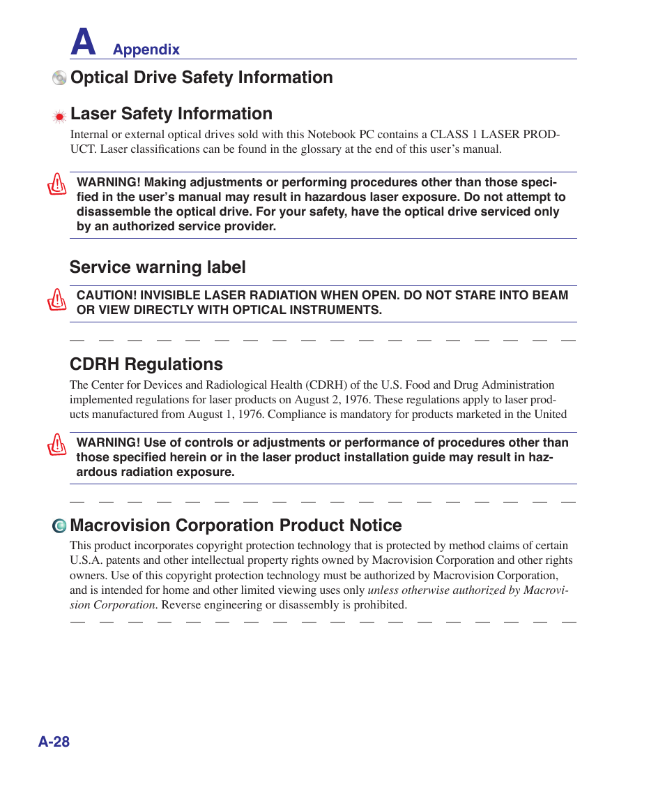 Service warning label, Cdrh regulations, Macrovision corporation product notice | Asus M52V User Manual | Page 82 / 86