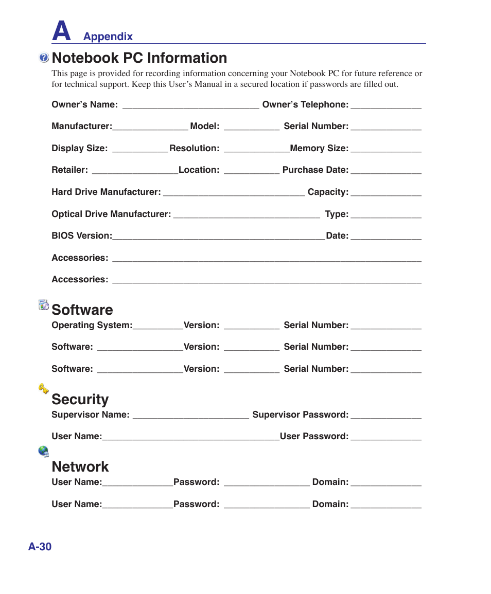 Notebook pc information, Software, Security | Network | Asus M52V User Manual | Page 84 / 86