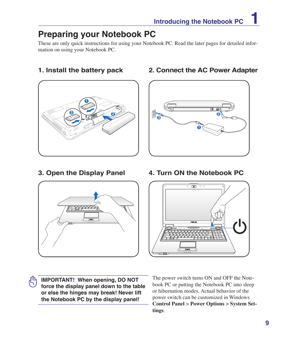 Preparing your notebook pc | Asus M52V User Manual | Page 9 / 86
