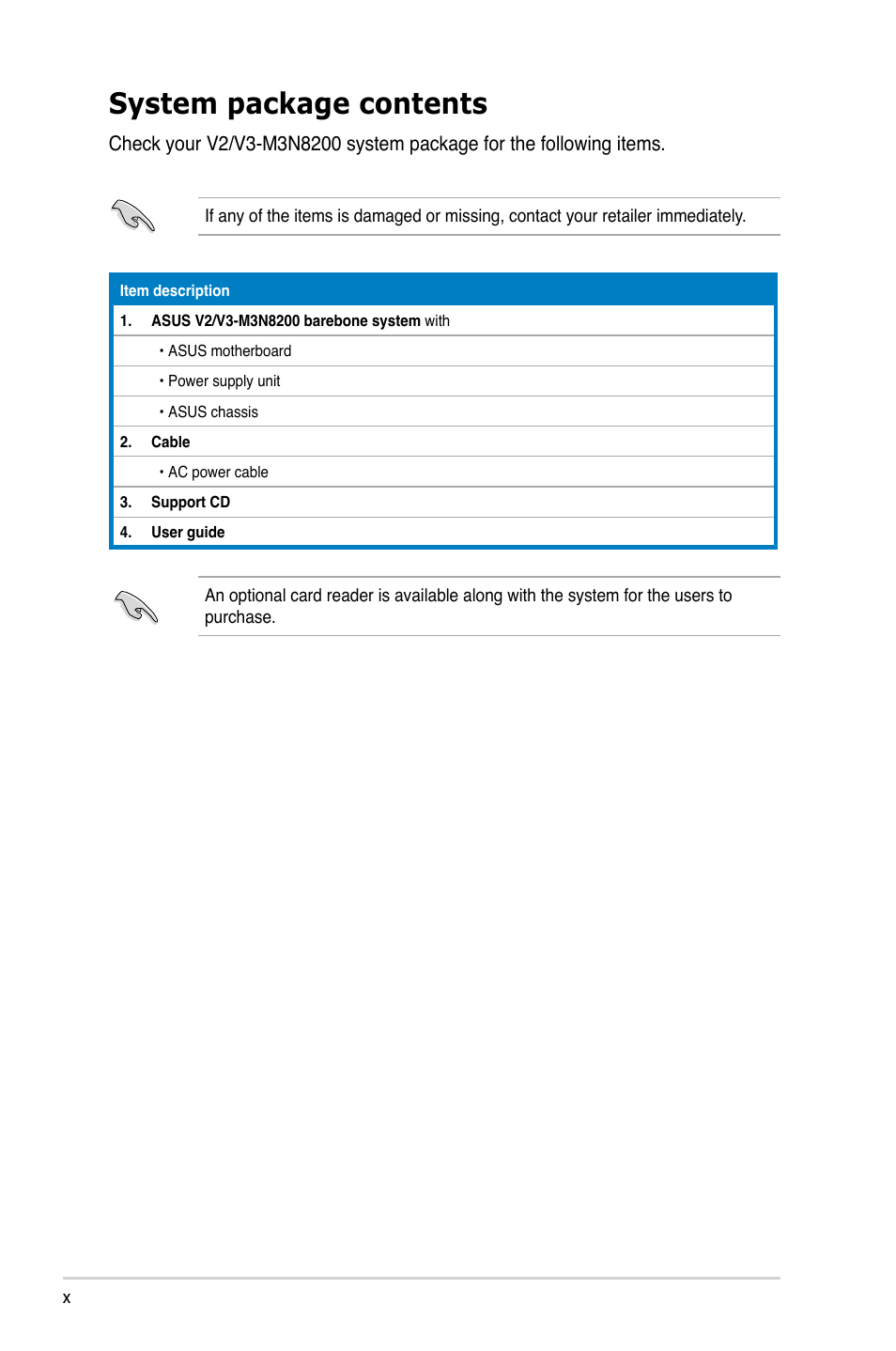 System package contents | Asus V3-M3N8200 User Manual | Page 10 / 108