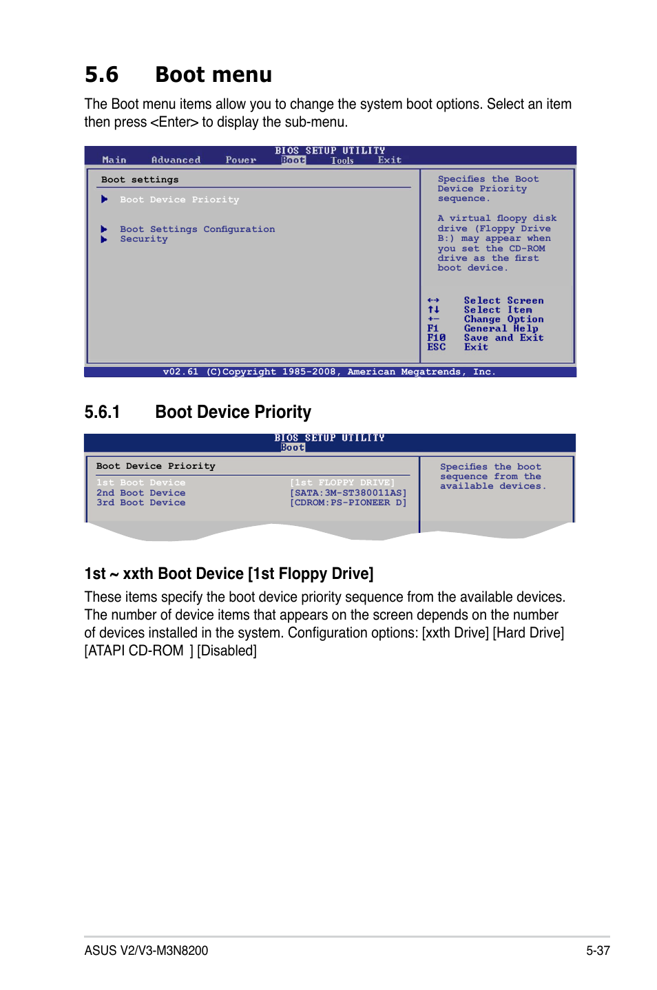 6 boot menu, 1 boot device priority, 1st ~ xxth boot device [1st floppy drive | Disabled | Asus V3-M3N8200 User Manual | Page 101 / 108