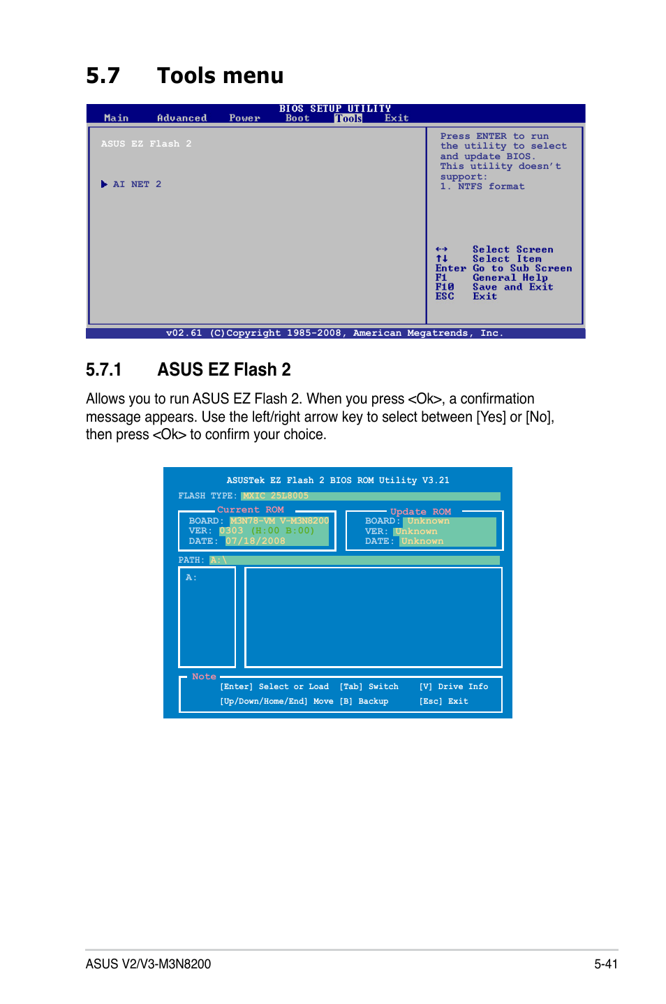 7 tools menu, 1 asus ez flash 2 | Asus V3-M3N8200 User Manual | Page 105 / 108