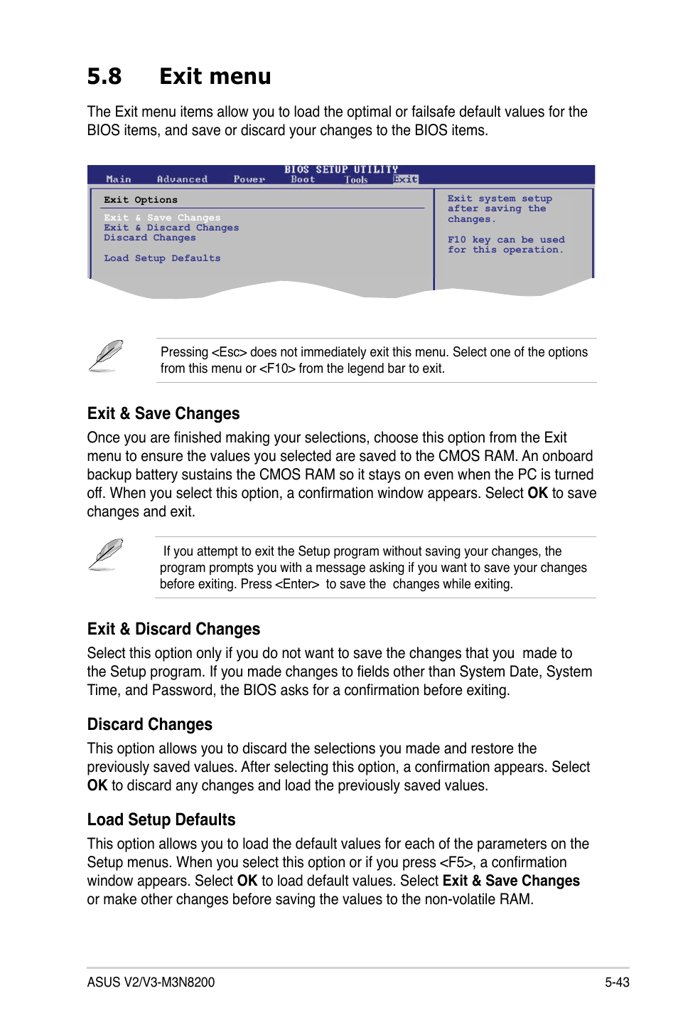 8 exit menu, Exit & discard changes, Discard changes | Load setup defaults, Exit & save changes | Asus V3-M3N8200 User Manual | Page 107 / 108