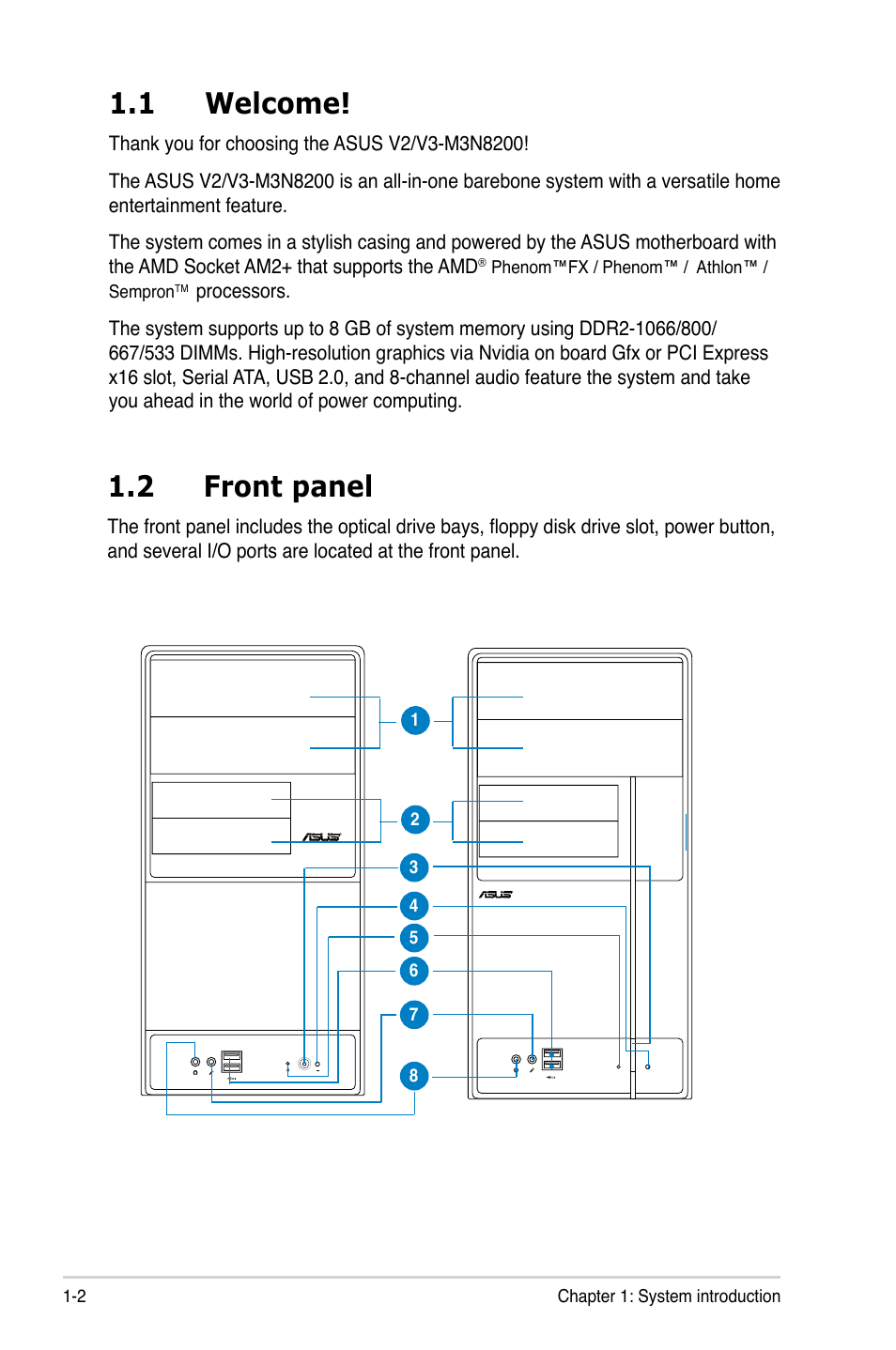1 welcome, 2 front panel | Asus V3-M3N8200 User Manual | Page 12 / 108