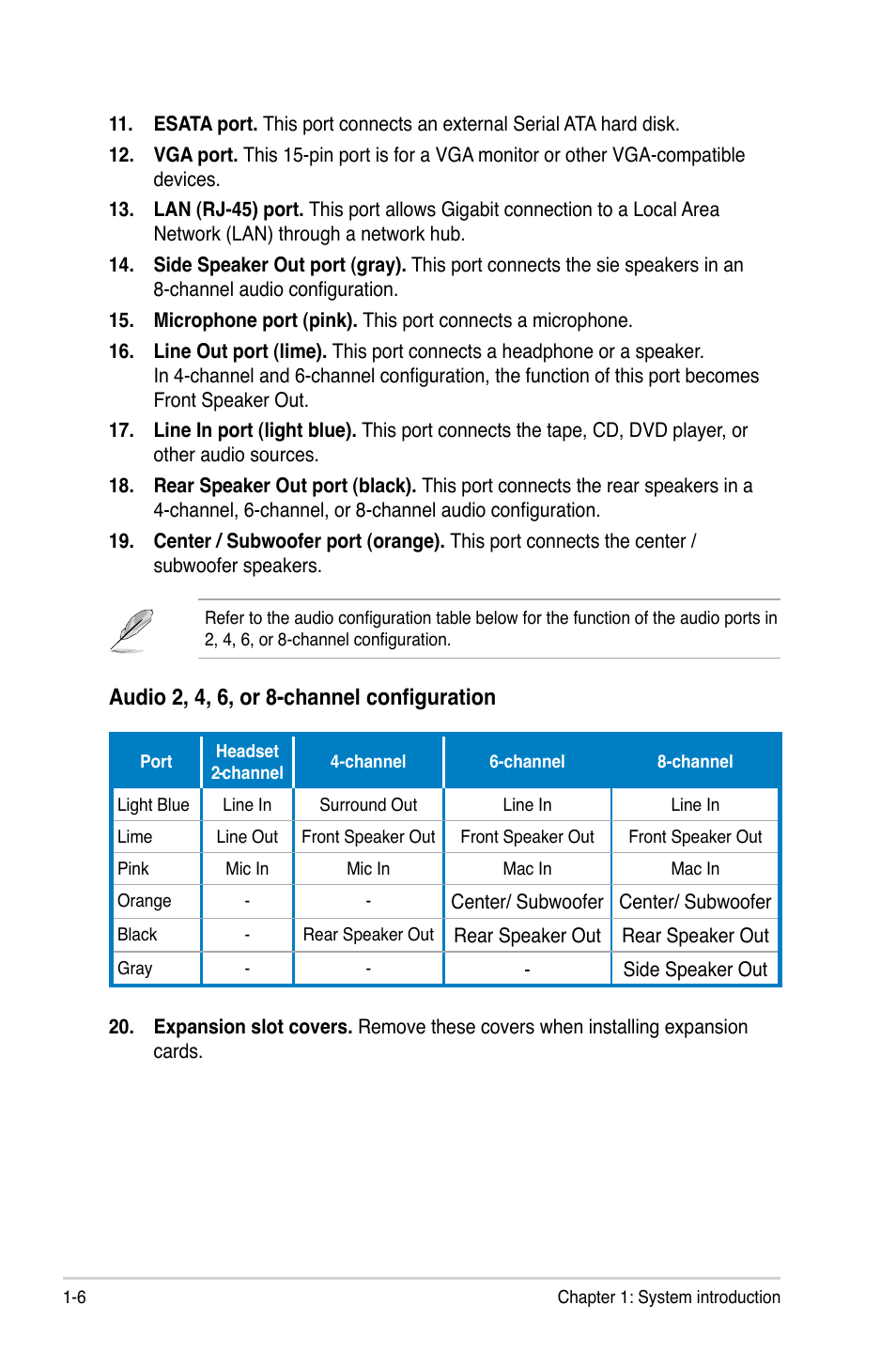 Audio 2, 4, 6, or 8-channel configuration | Asus V3-M3N8200 User Manual | Page 16 / 108