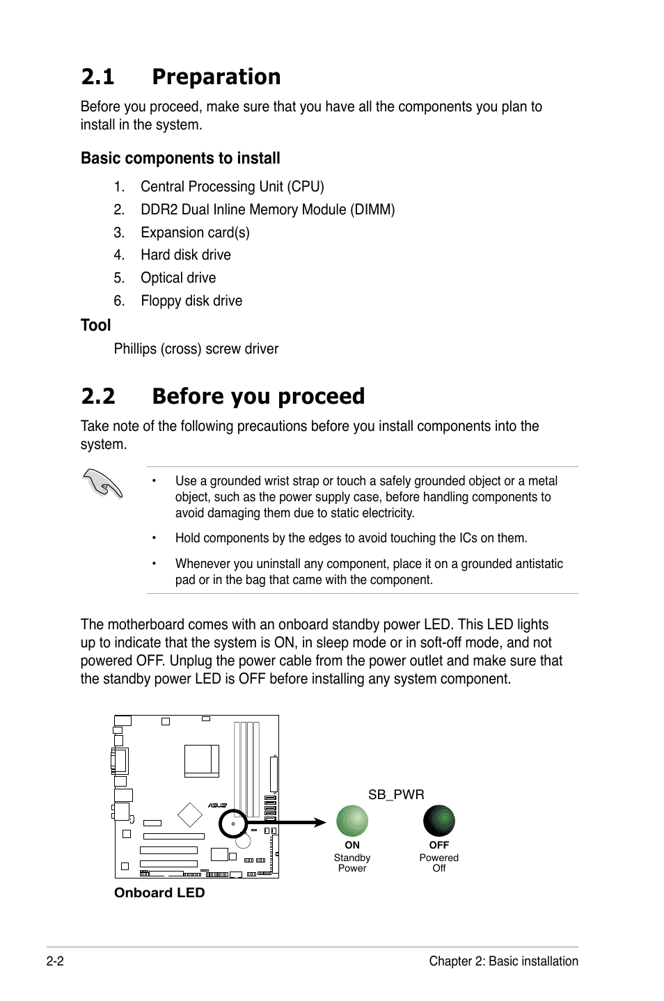 1 preparation, 2 before you proceed, Basic components to install | Tool | Asus V3-M3N8200 User Manual | Page 20 / 108