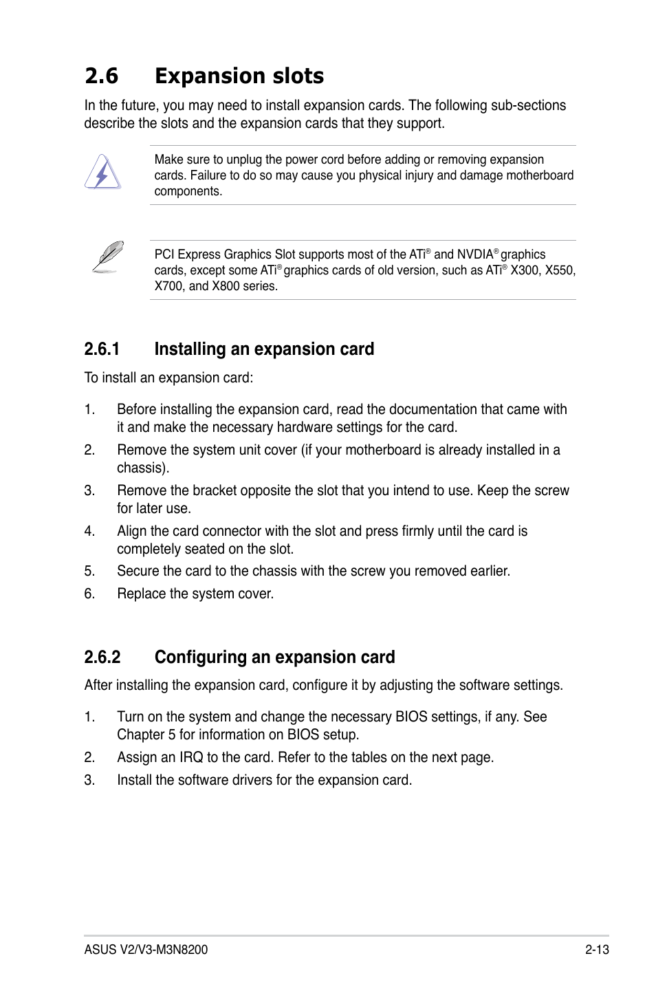 6 expansion slots, 1 installing an expansion card, 2 configuring an expansion card | Asus V3-M3N8200 User Manual | Page 31 / 108