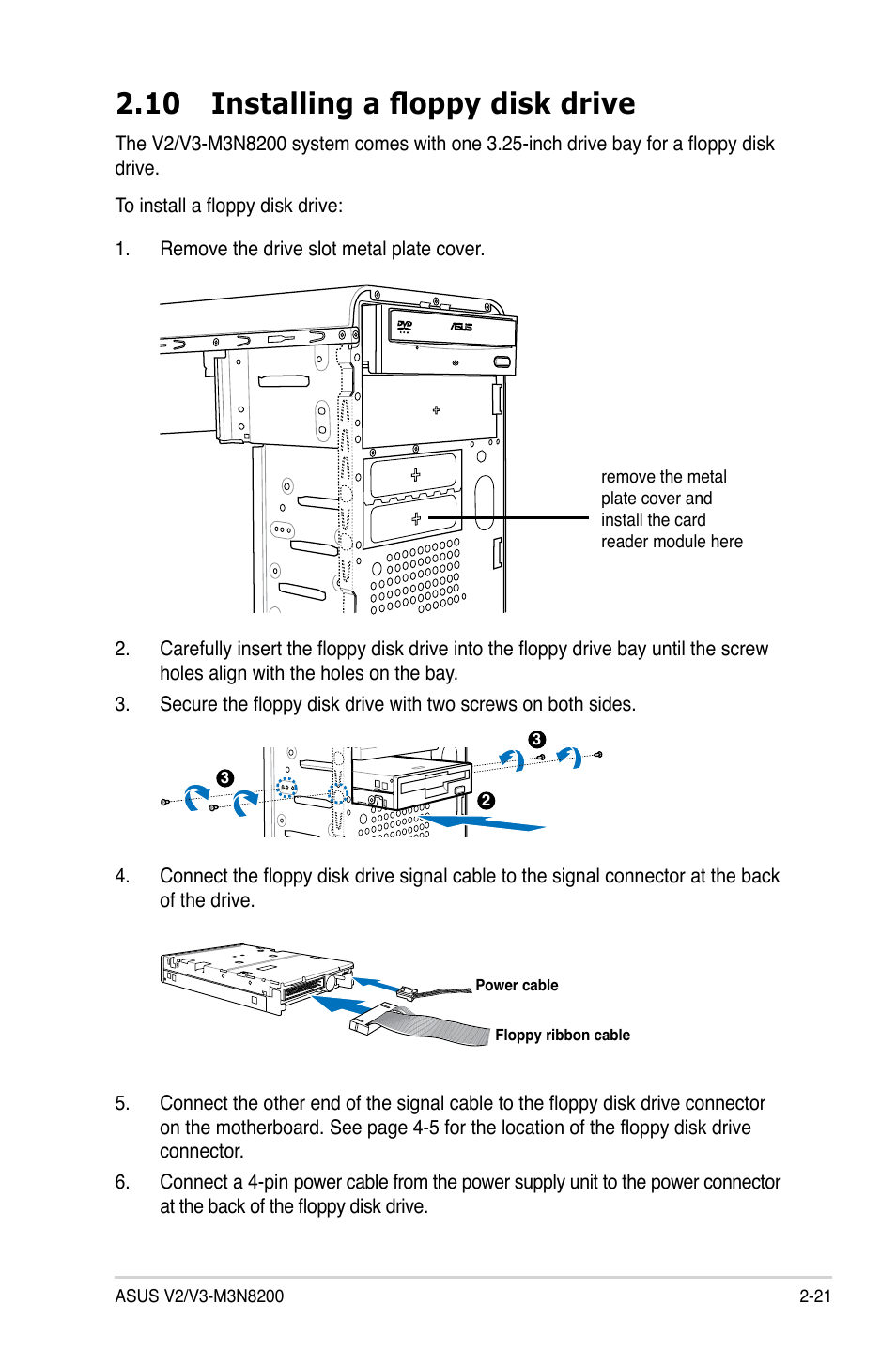 10 installing a floppy disk drive | Asus V3-M3N8200 User Manual | Page 39 / 108