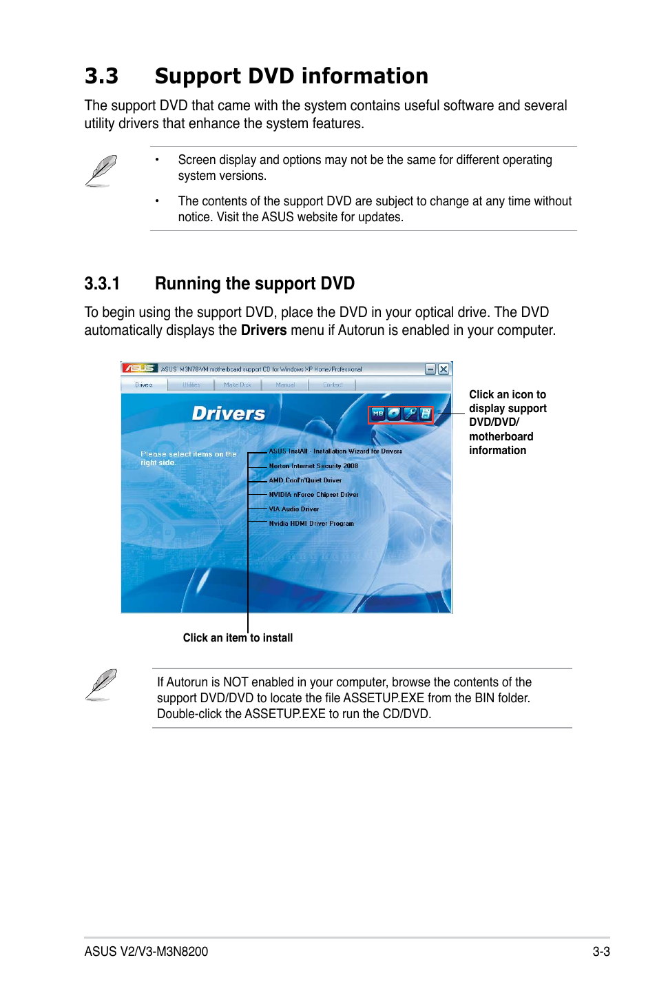 3 support dvd information, 1 running the support dvd | Asus V3-M3N8200 User Manual | Page 45 / 108