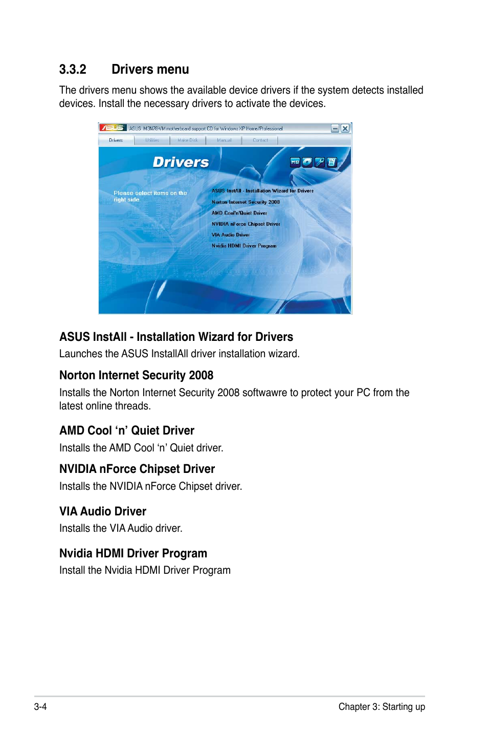 2 drivers menu | Asus V3-M3N8200 User Manual | Page 46 / 108
