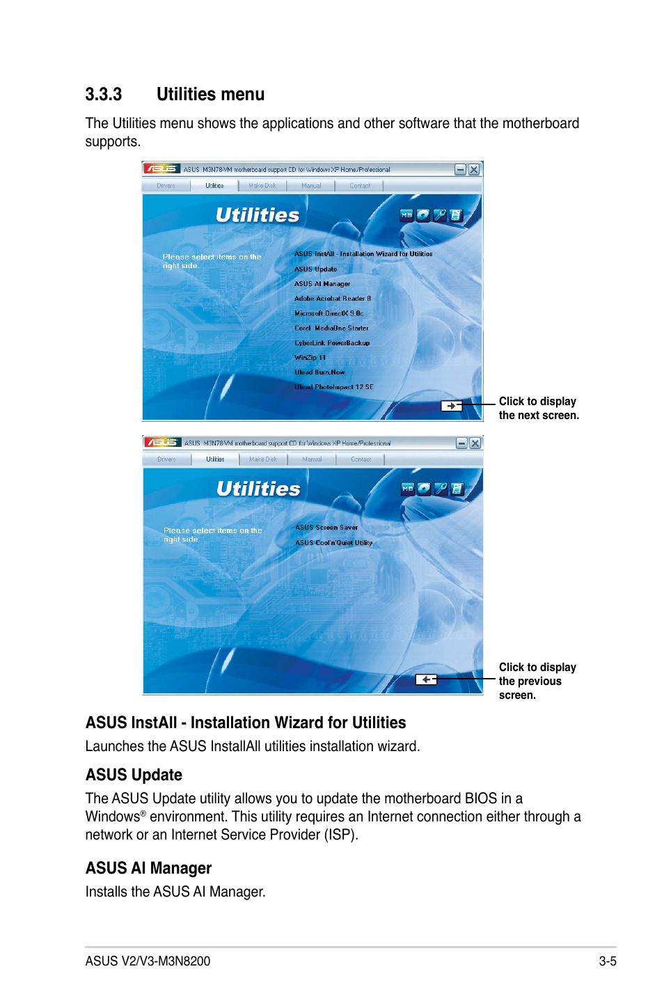 3 utilities menu, Asus install - installation wizard for utilities, Asus update | Asus ai manager | Asus V3-M3N8200 User Manual | Page 47 / 108