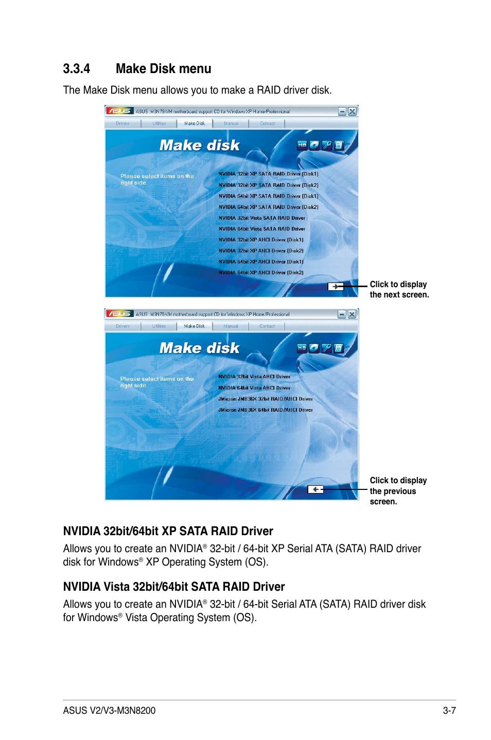 4 make disk menu, Nvidia 32bit/64bit xp sata raid driver, Nvidia vista 32bit/64bit sata raid driver | Asus V3-M3N8200 User Manual | Page 49 / 108