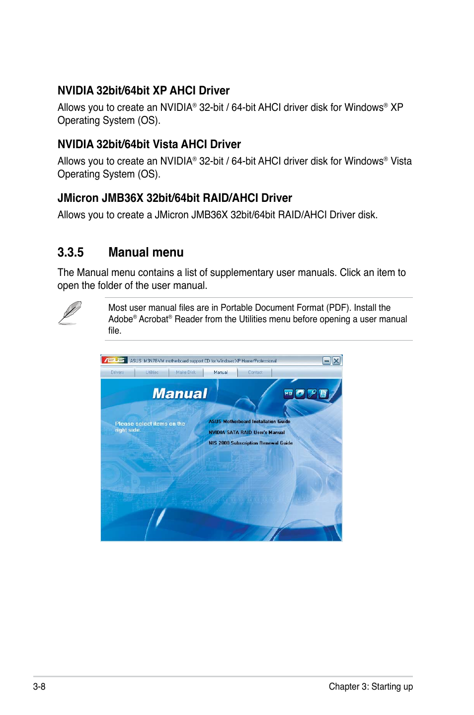 5 manual menu, Nvidia 32bit/64bit xp ahci driver, Nvidia 32bit/64bit vista ahci driver | Asus V3-M3N8200 User Manual | Page 50 / 108