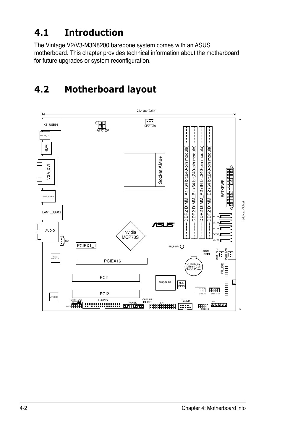 1 introduction, 2 motherboard layout, 2 chapter 4: motherboard info | Socket am2, Nvidia mcp78s | Asus V3-M3N8200 User Manual | Page 54 / 108