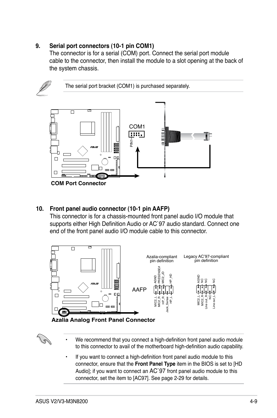 Ac`97, Com port connector, Com1 | Azalia analog front panel connector, Aafp | Asus V3-M3N8200 User Manual | Page 61 / 108