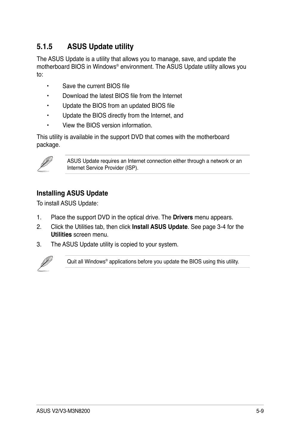 5 asus update utility, Installing asus update | Asus V3-M3N8200 User Manual | Page 73 / 108