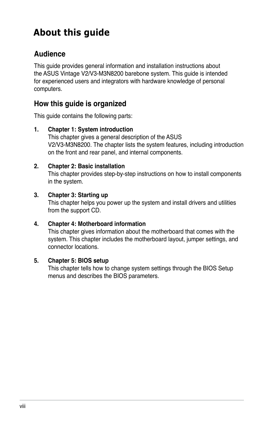 About this guide, Audience, How this guide is organized | Asus V3-M3N8200 User Manual | Page 8 / 108