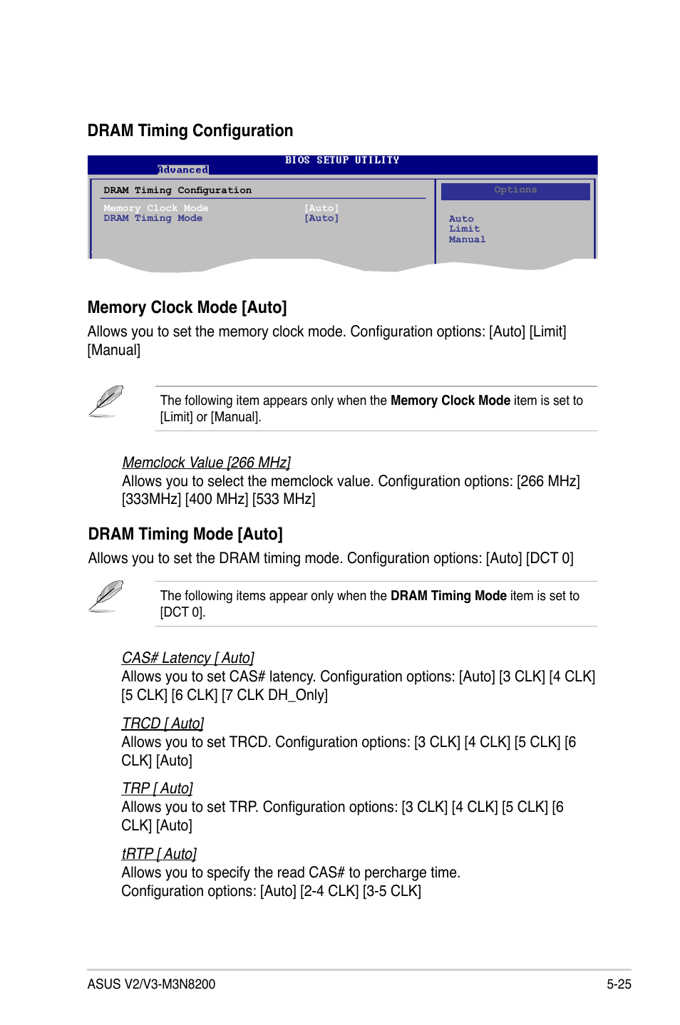 Dram timing mode [auto, Dram timing configuration | Asus V3-M3N8200 User Manual | Page 89 / 108