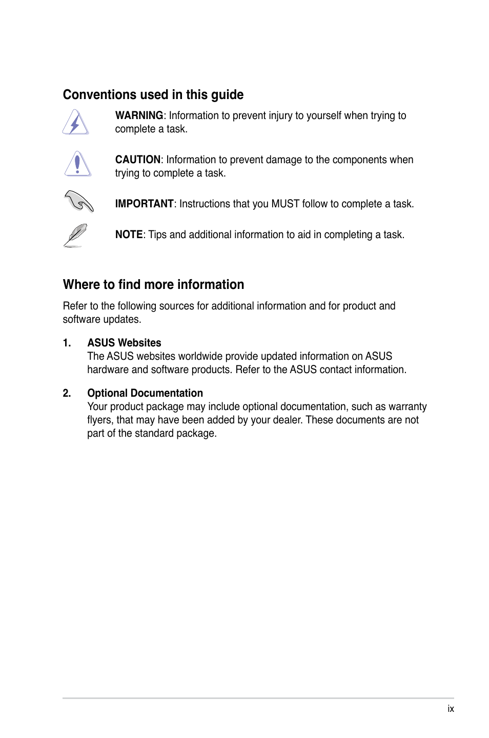 Conventions used in this guide, Where to find more information | Asus V3-M3N8200 User Manual | Page 9 / 108