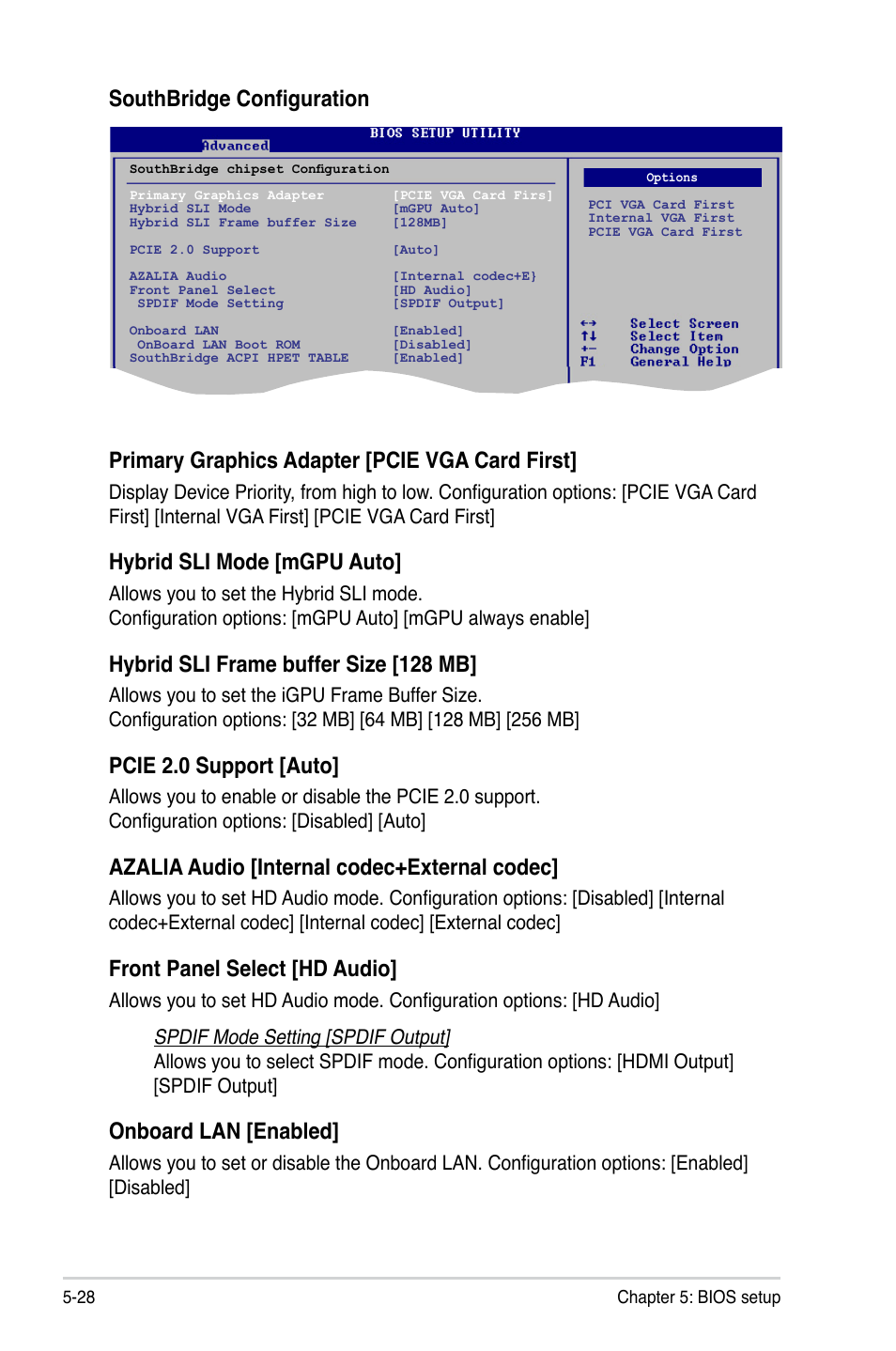 Primary graphics adapter [pcie vga card first, Hybrid sli mode [mgpu auto, Hybrid sli frame buffer size [128 mb | Pcie 2.0 support [auto, Azalia audio [internal codec+external codec, Front panel select [hd audio, Onboard lan [enabled, Southbridge configuration | Asus V3-M3N8200 User Manual | Page 92 / 108