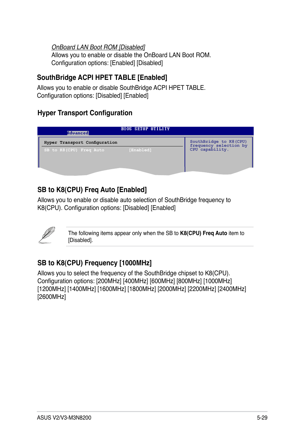 Southbridge acpi hpet table [enabled, Hyper transport configuration, Sb to k8(cpu) freq auto [enabled | Asus V3-M3N8200 User Manual | Page 93 / 108
