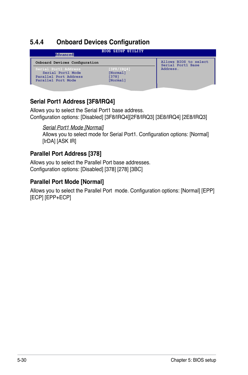 4 onboard devices configuration, Serial port1 address [3f8/irq4, Parallel port address [378 | Parallel port mode [normal | Asus V3-M3N8200 User Manual | Page 94 / 108