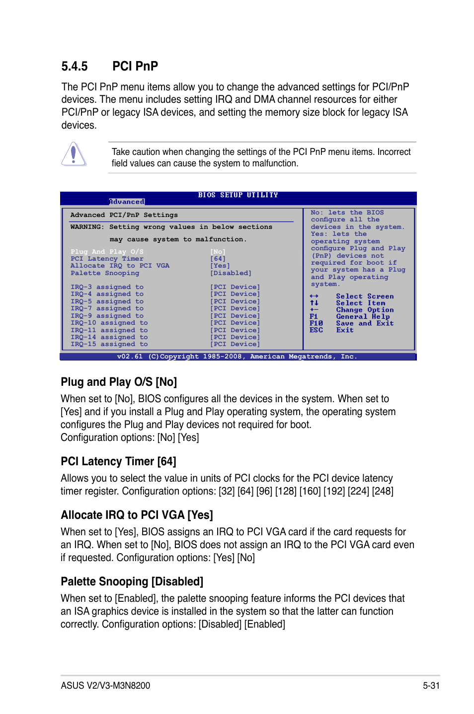 5 pci pnp, Plug and play o/s [no, Pci latency timer [64 | Allocate irq to pci vga [yes, Palette snooping [disabled | Asus V3-M3N8200 User Manual | Page 95 / 108