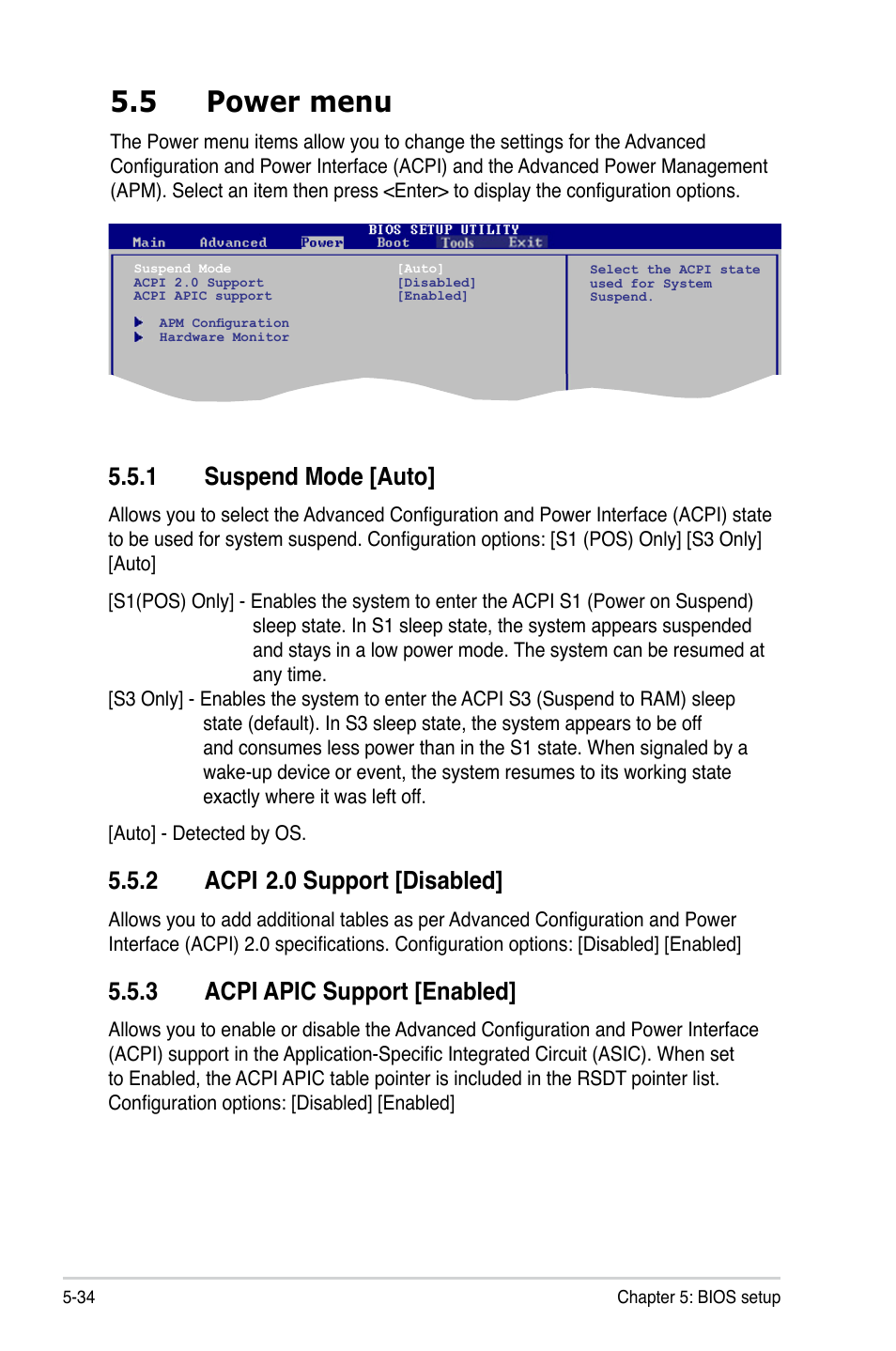 5 power menu, 1 suspend mode [auto, 2 acpi | 0 support [disabled, 3 acpi apic support [enabled | Asus V3-M3N8200 User Manual | Page 98 / 108