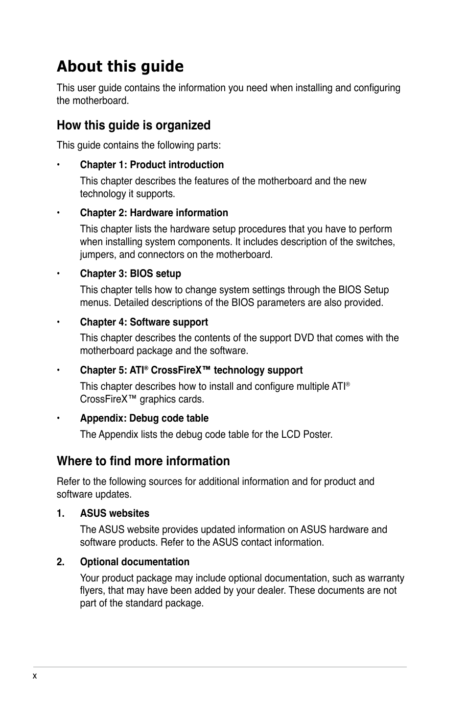 About this guide, Where to find more information, How this guide is organized | Asus Crosshair IV Formula User Manual | Page 10 / 172