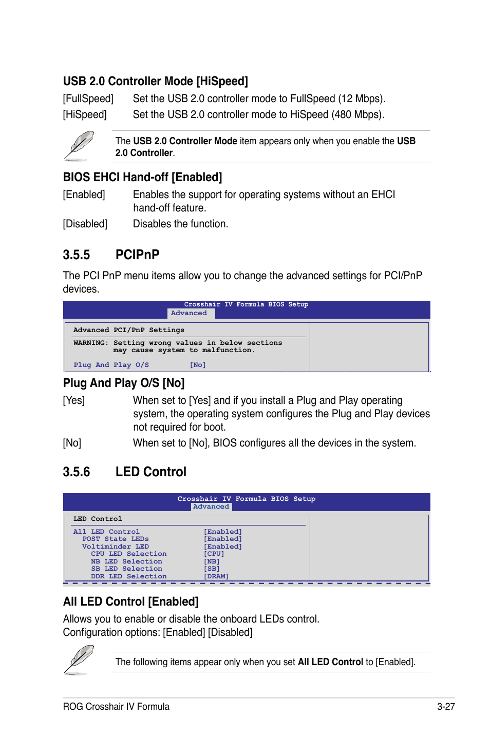 5 pcipnp, 6 led control, Usb 2.0 controller mode [hispeed | Bios ehci hand-off [enabled, Plug and play o/s [no, All led control [enabled | Asus Crosshair IV Formula User Manual | Page 103 / 172