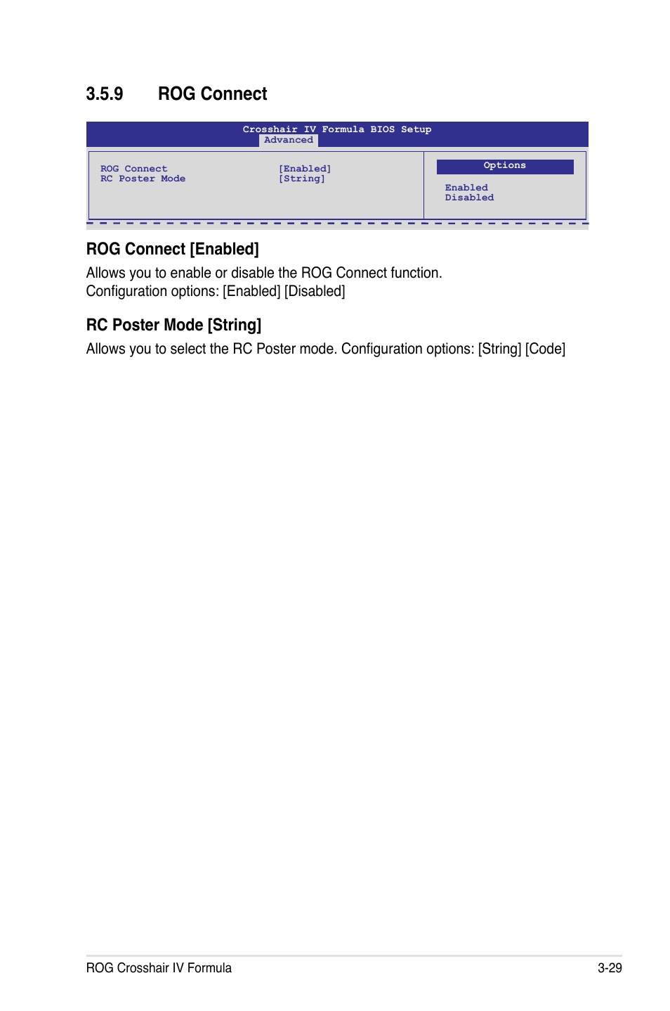 9 rog connect, Rog connect [enabled, Rc poster mode [string | Asus Crosshair IV Formula User Manual | Page 105 / 172